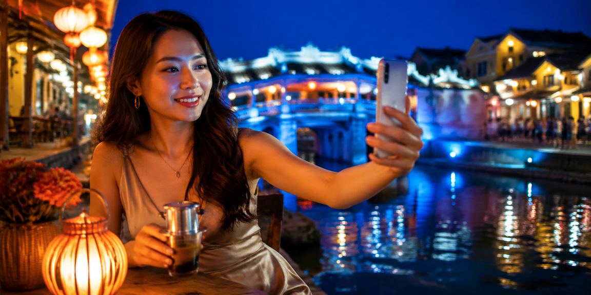 Người dùng tại Việt Nam sử dụng ứng dụng t2000 trên điện thoại tại quán cà phê Hội An