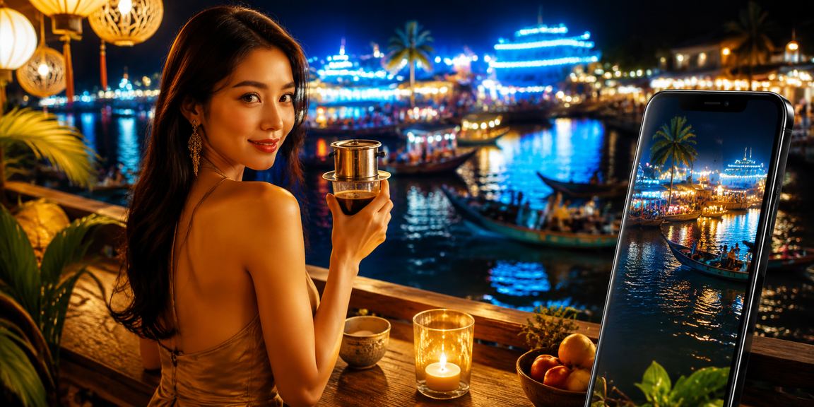 Người dùng vùng Mekong ngồi quán cà phê xem kèo thể thao và kiểm tra bonus VIP trên điện thoại Android